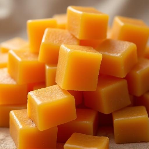 A pile of golden ginger-infused caramels wrapped in wax paper.